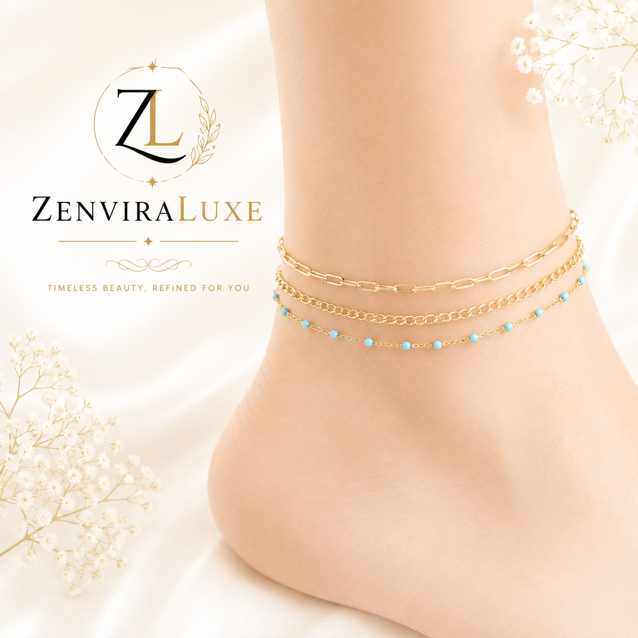 Turquoise Beaded Layered Gold Anklet by ZenviraLuxe