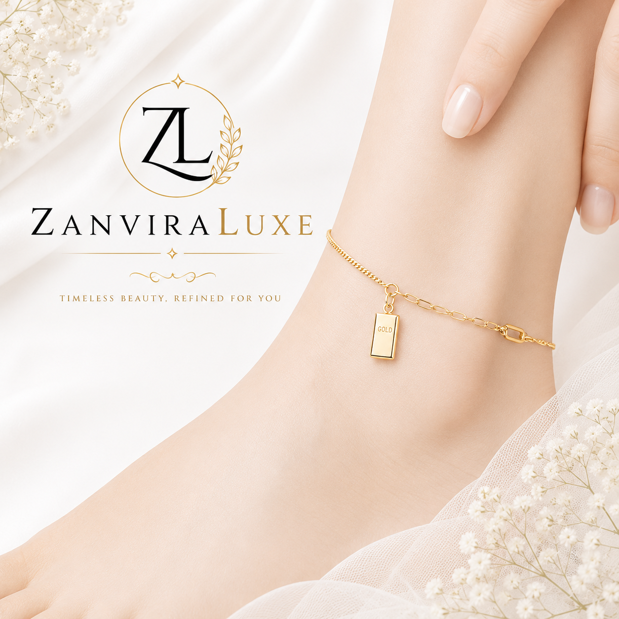 Gold bar charm stainless steel anklet by ZenviraLuxe