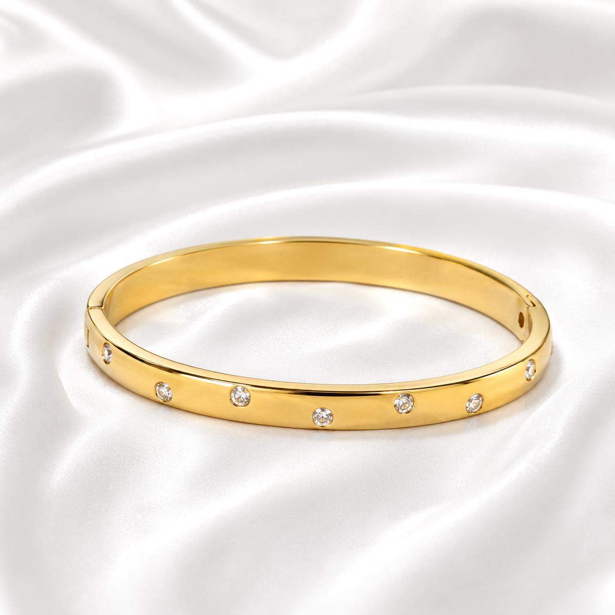 Classic Crystal Gold Bangle with Sparkling Crystal Accents and Elegant Minimalist Design by ZenviraLuxe