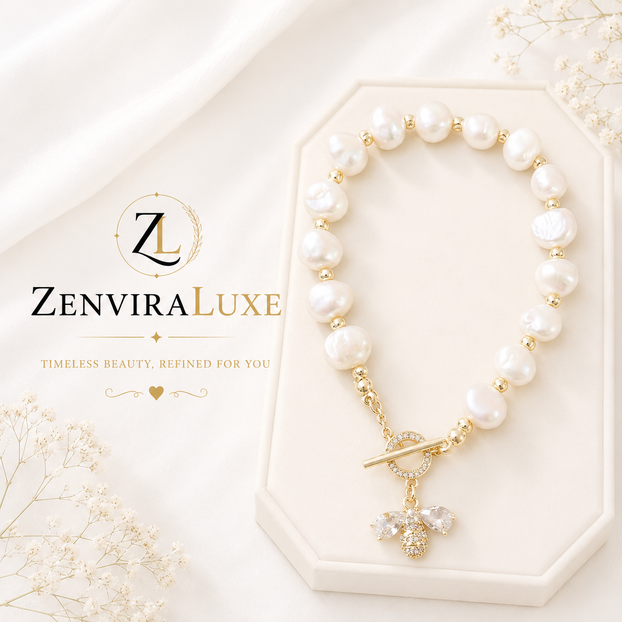 Luxury Freshwater Pearl Bee Charm Bracelet