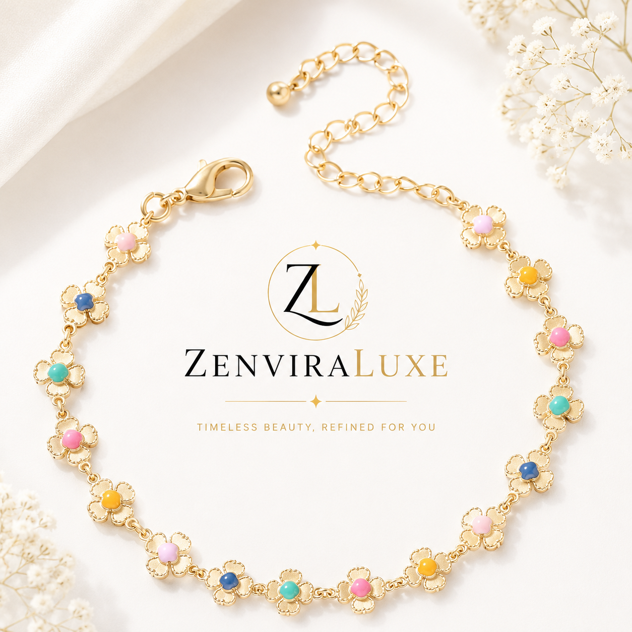 Colorful daisy charm gold plated stainless steel bracelet by ZenviraLuxe