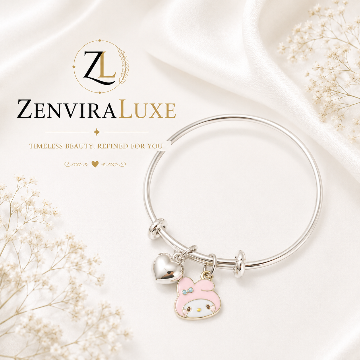 Silver bunny heart charm stainless steel bracelet by ZenviraLuxe