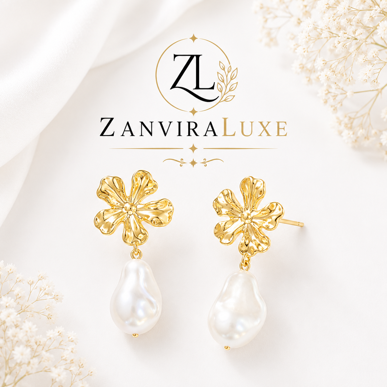 Luxury floral pearl drop earrings in gold plated stainless steel by ZenviraLuxe