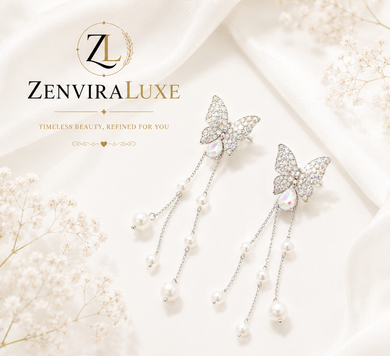 Butterfly Pearl Tassel Drop Earrings by ZenviraLuxe