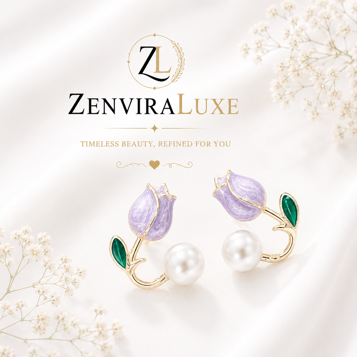Lavender tulip pearl earrings in gold plated stainless steel by ZenviraLuxe