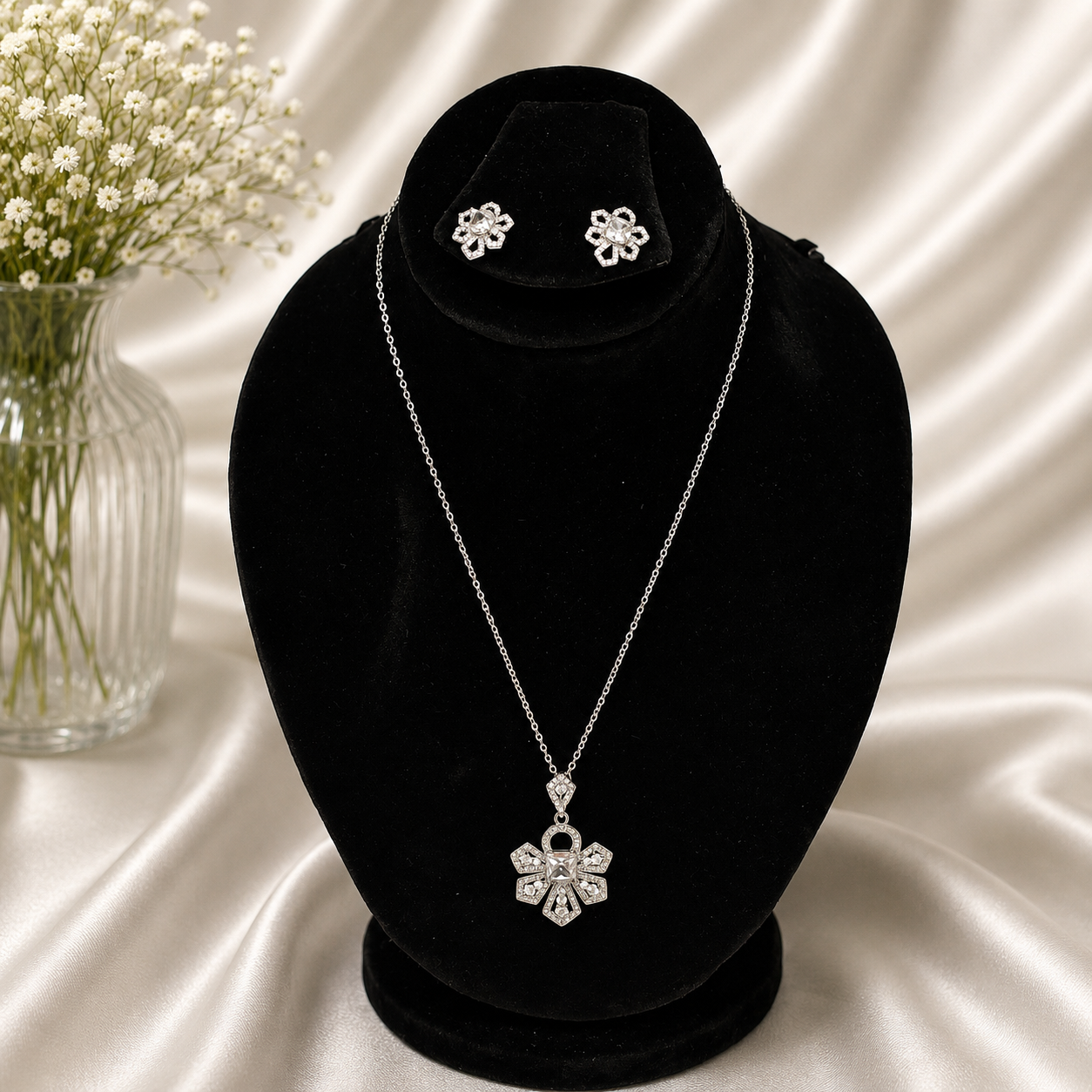 Elegant crystal blossom pendant necklace with matching floral earrings displayed on a black velvet jewelry stand against a soft satin background with white flowers.
