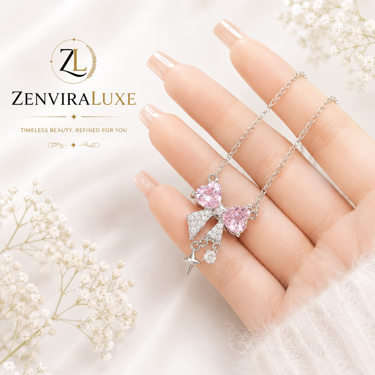 Pink Heart Bow Pendant Necklace by ZenviraLuxe