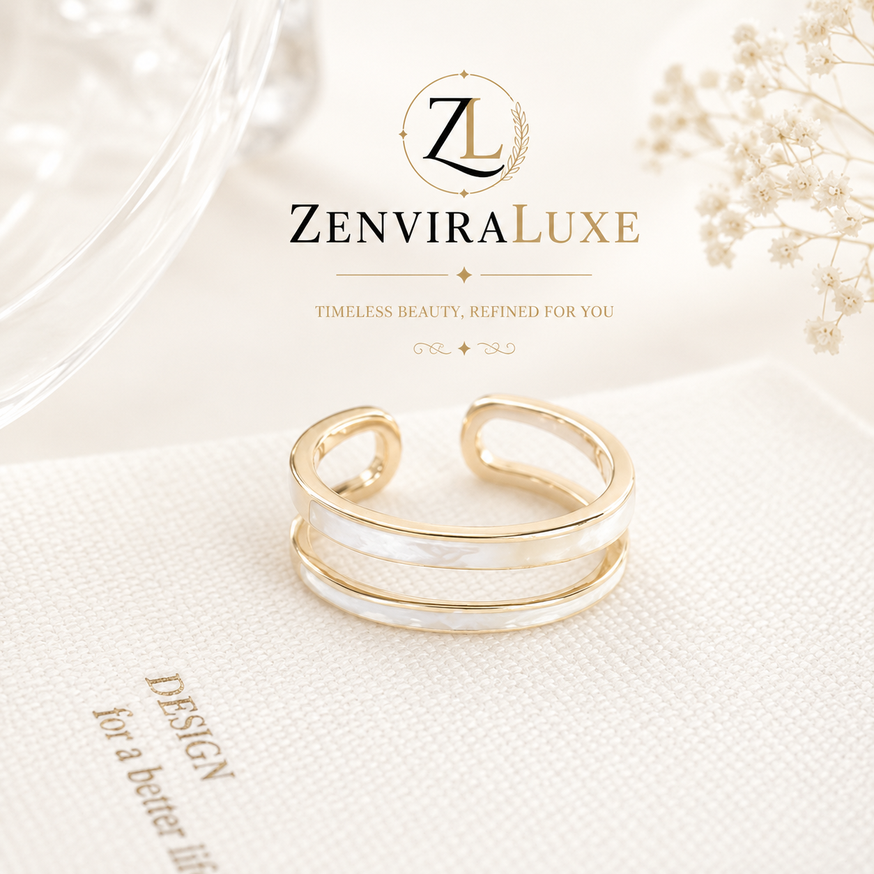 Minimalist Gold Open Ring with White Inlay by ZenviraLuxe