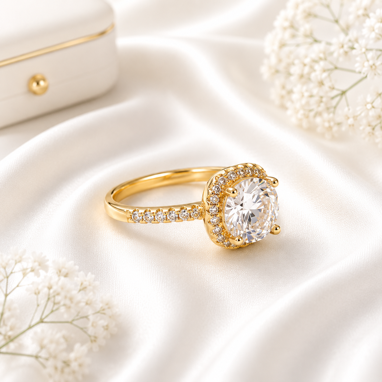 Gold halo solitaire ring with a brilliant center crystal and pavé-set accents displayed on soft white fabric with delicate floral decorations
