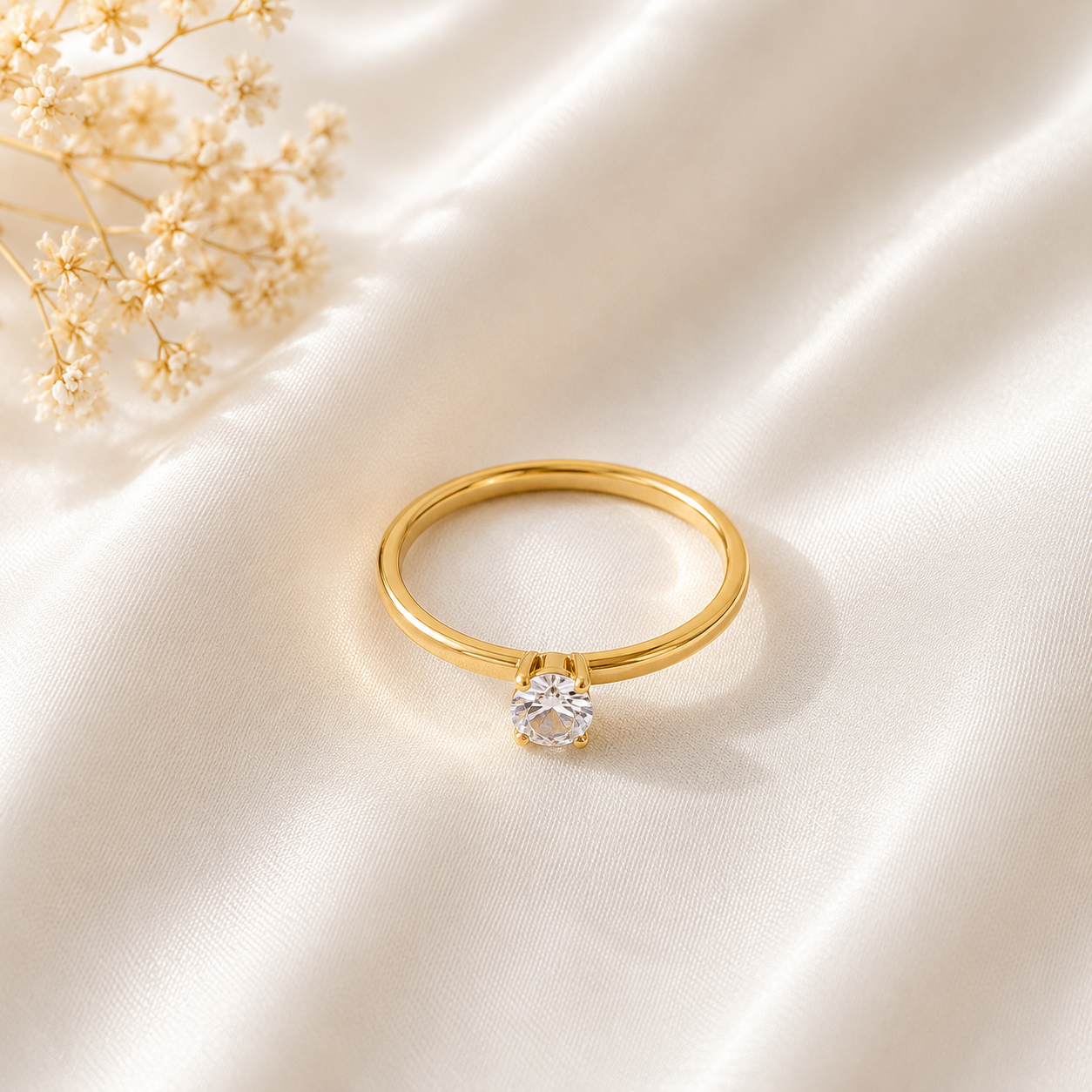 Classic solitaire gold ring with brilliant crystal centerpiece and elegant minimalist design by ZenviraLuxe.