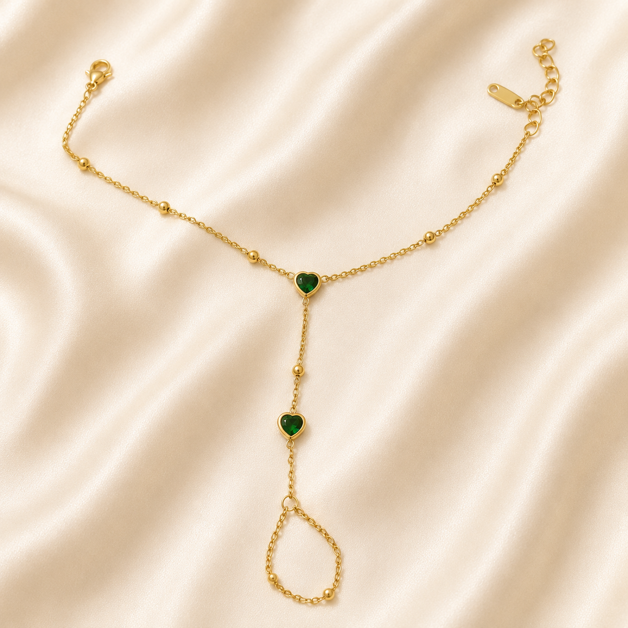 Emerald Heart Gold Hand Chain Bracelet with Green Heart Stones by ZenviraLuxe