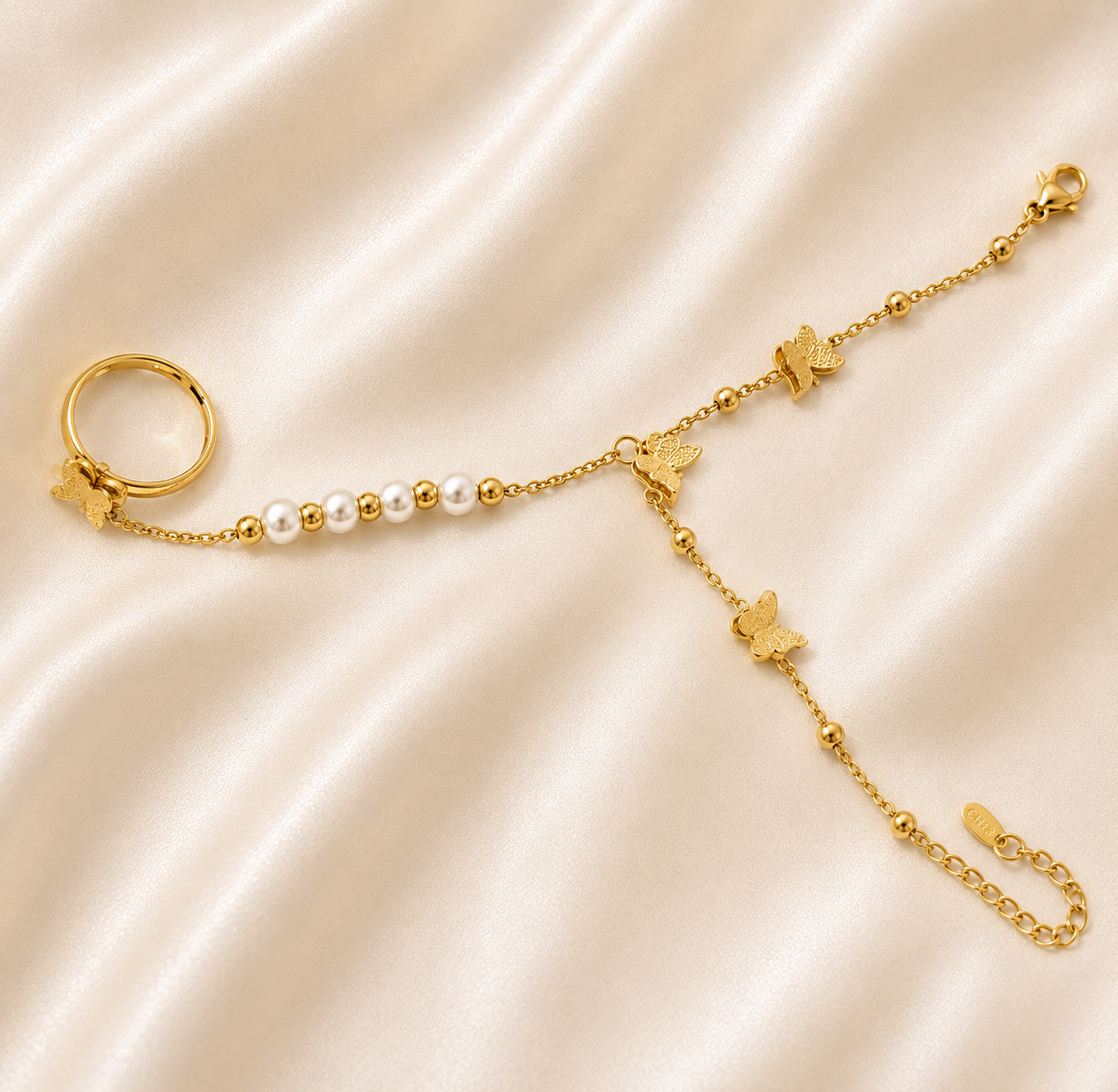 Butterfly Pearl Gold Hand Chain Bracelet with Elegant Butterfly Charms and Pearl Accents by ZenviraLuxe
