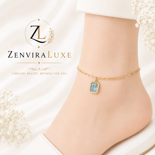 Blue crystal charm gold plated stainless steel anklet by ZenviraLuxe