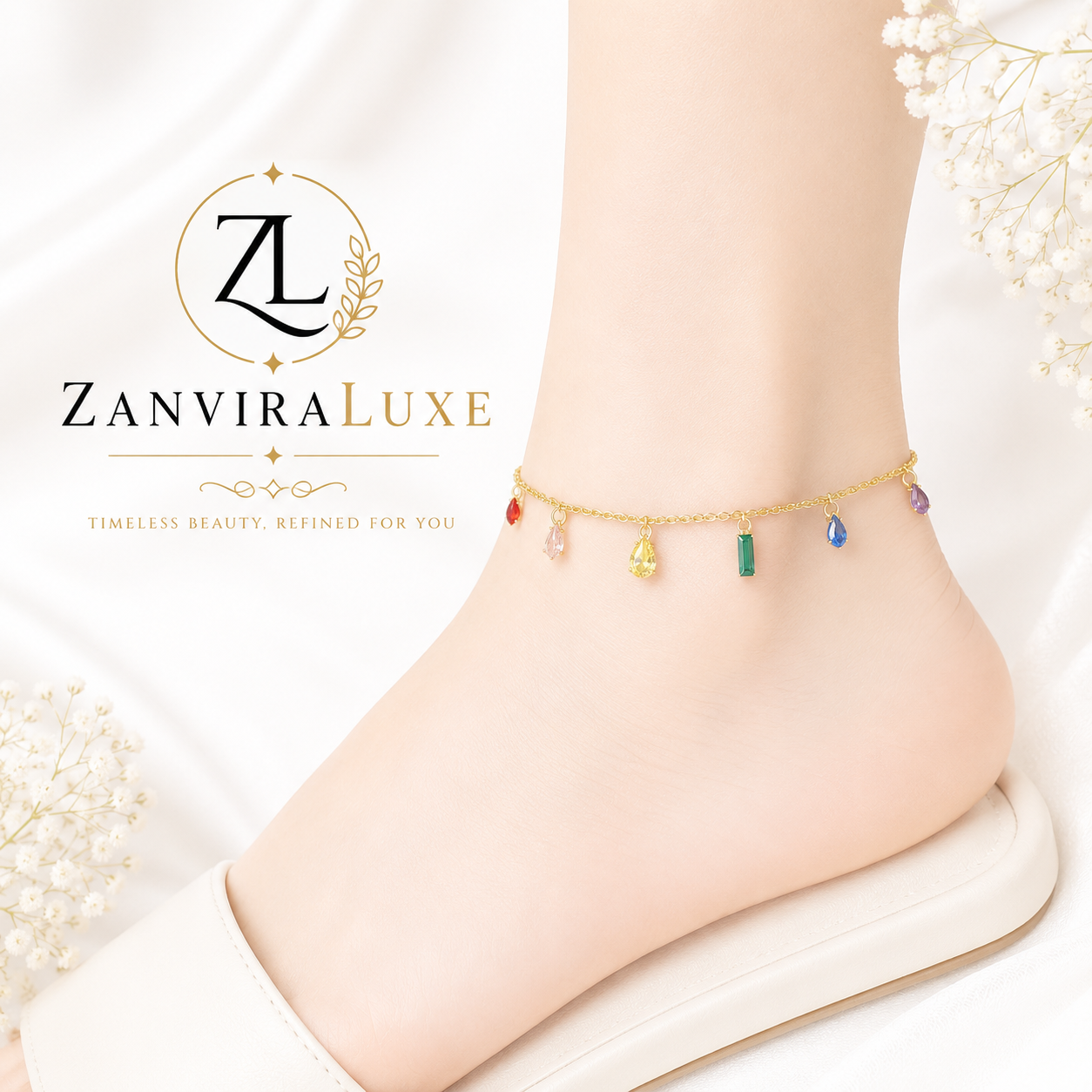 Rainbow Crystal Charm Gold Anklet