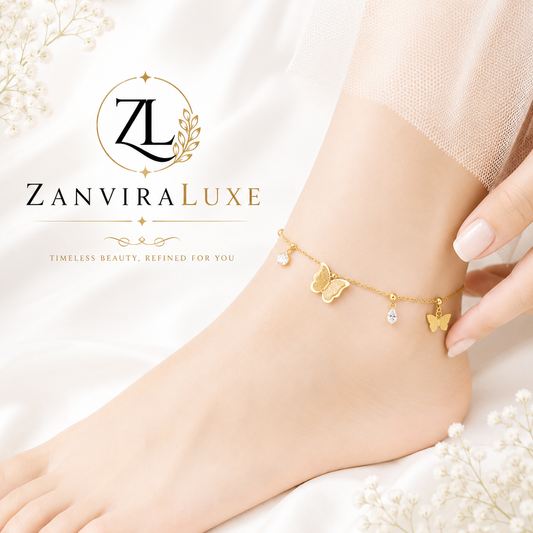 Butterfly crystal charm gold plated stainless steel anklet by ZenviraLuxe