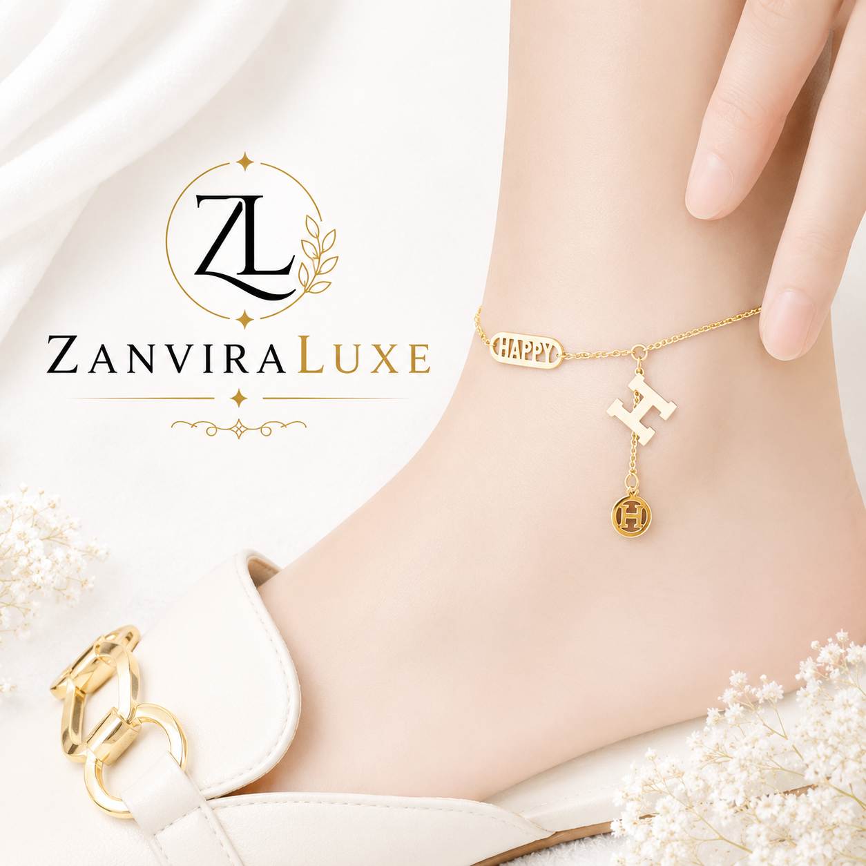 Gold happy letter charm stainless steel anklet by ZenviraLuxe