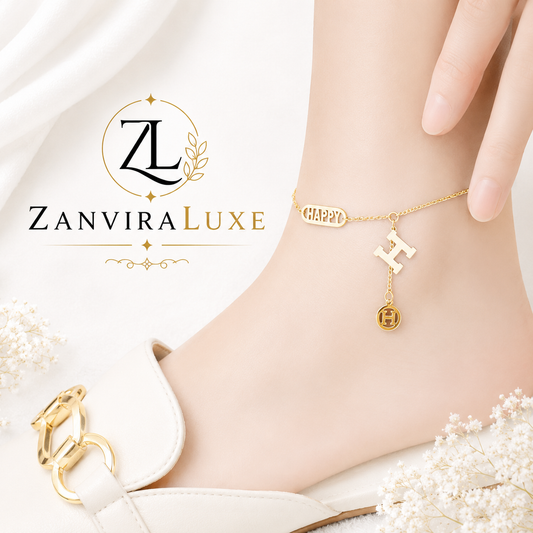 Gold happy letter charm stainless steel anklet by ZenviraLuxe