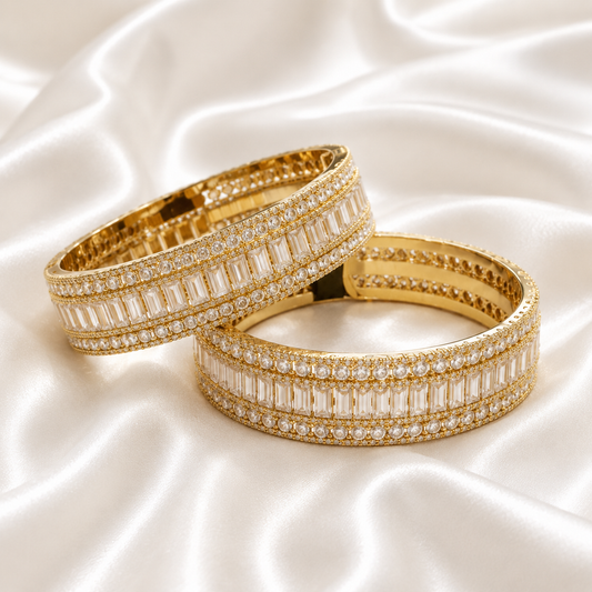 Royal crystal gold bangle set with baguette-cut stones and luxury design by ZenviraLuxe.