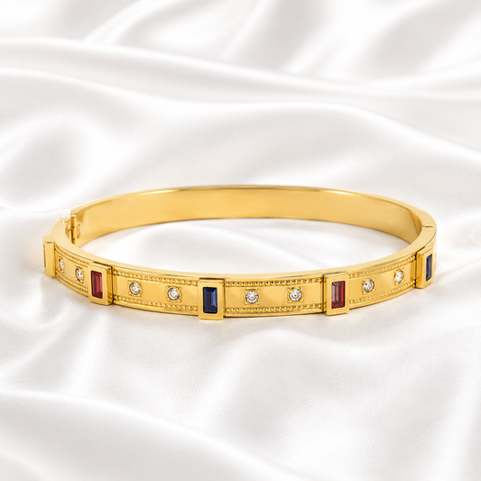 Royal Gemstone Gold Bangle with Colorful Stone Accents and Sparkling Crystal Details by ZenviraLuxe