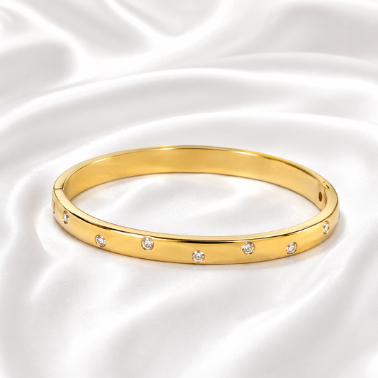 Classic Crystal Gold Bangle with Sparkling Crystal Accents and Elegant Minimalist Design by ZenviraLuxe