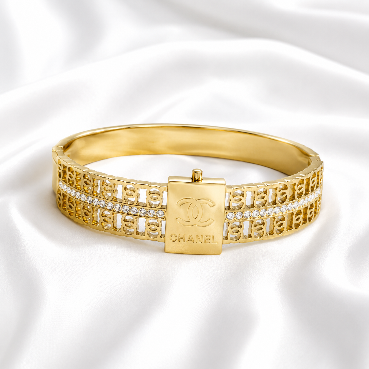 Signature Crystal Gold Bangle with Elegant Openwork Design and Sparkling Crystal Accents by ZenviraLuxe