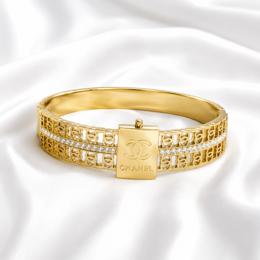 Signature Crystal Gold Bangle with Elegant Openwork Design and Sparkling Crystal Accents by ZenviraLuxe