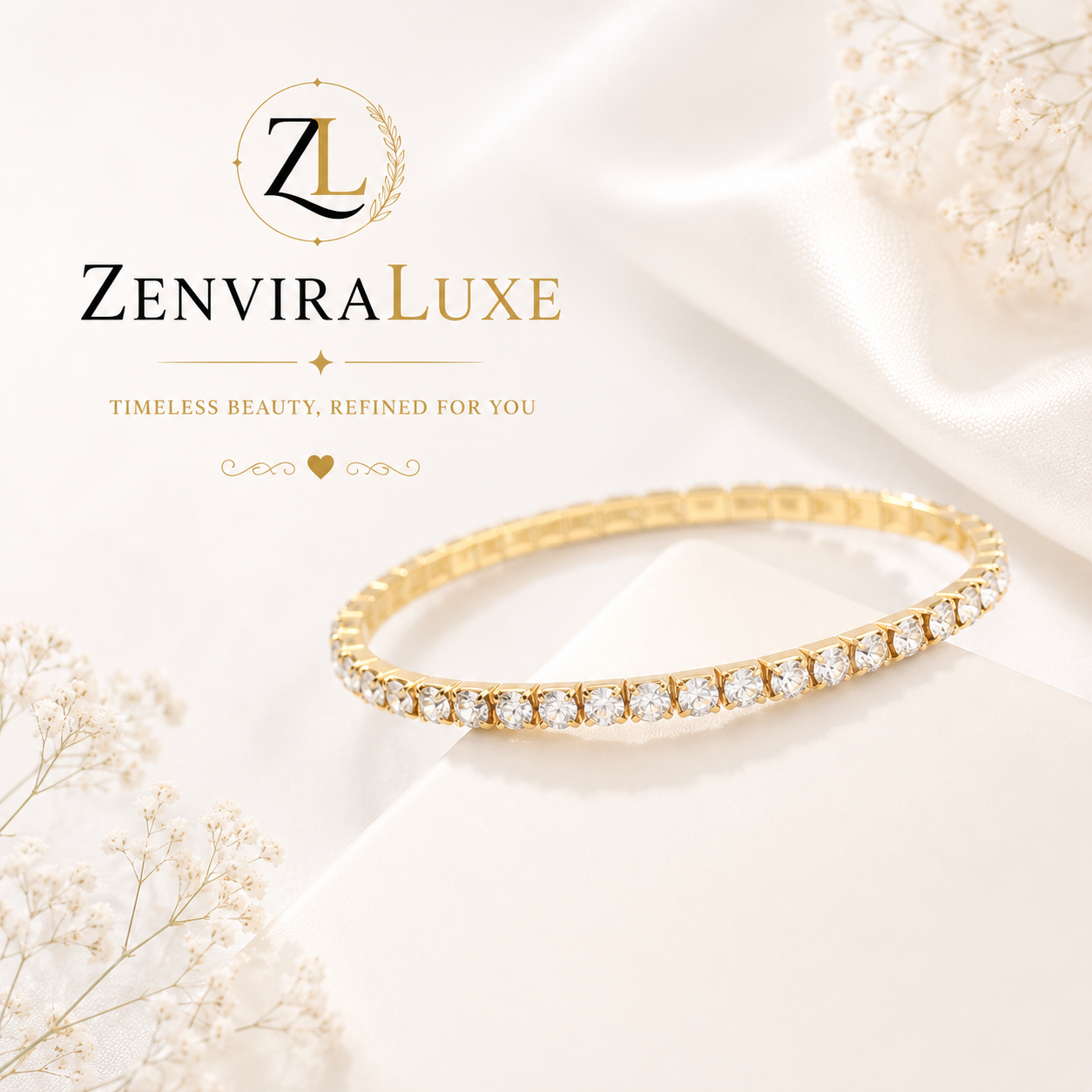 Luxury crystal tennis bracelet in gold plated stainless steel by ZenviraLuxe
