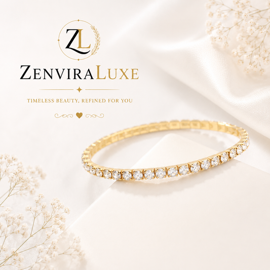 Luxury crystal tennis bracelet in gold plated stainless steel by ZenviraLuxe