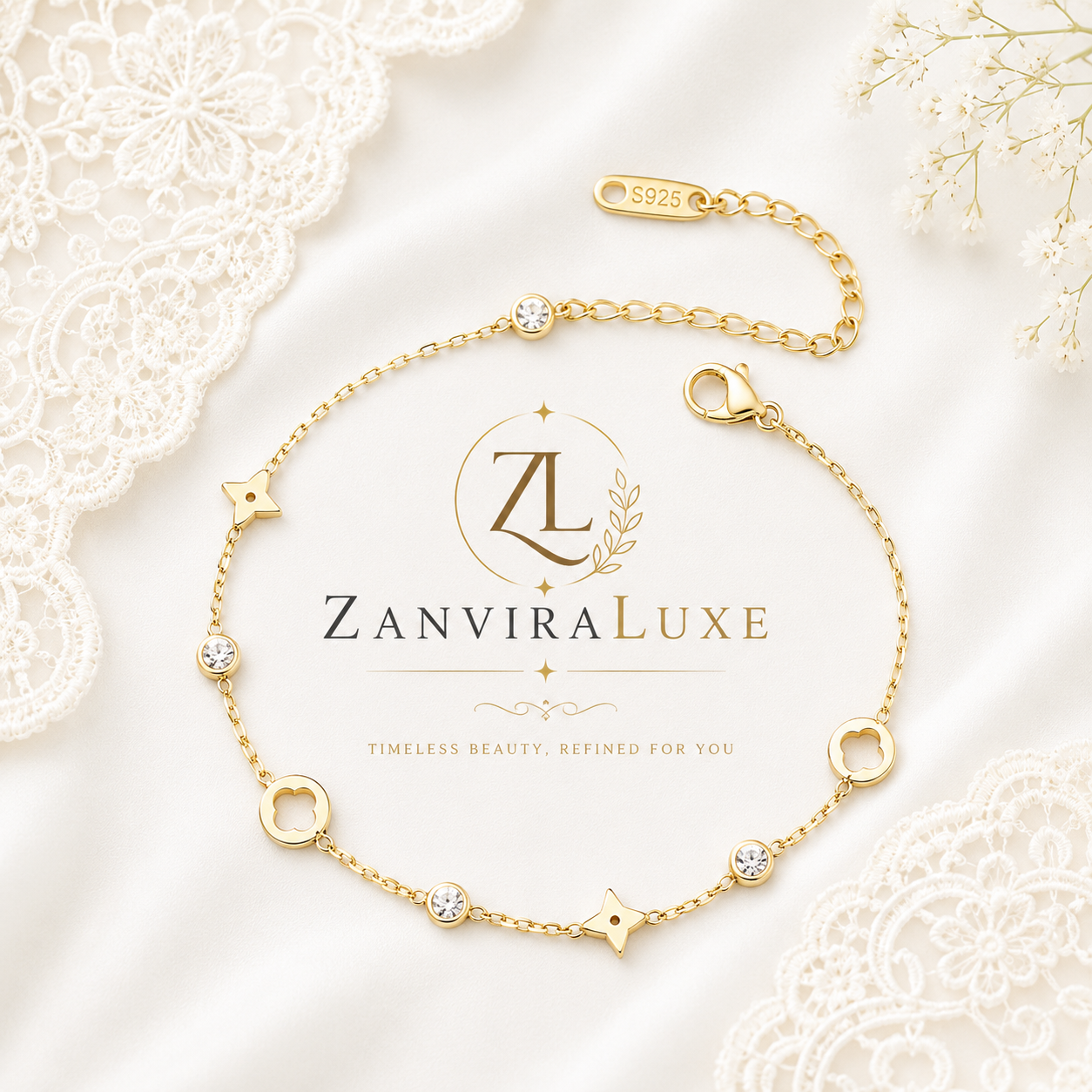 Gold clover crystal stainless steel bracelet by ZenviraLuxe