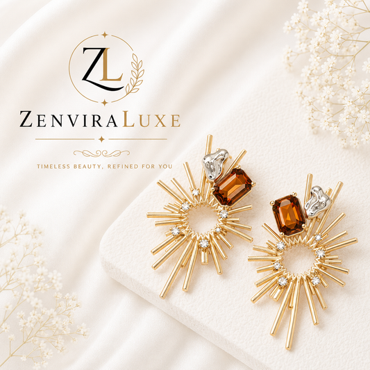 Luxury sunburst crystal statement earrings in gold plated stainless steel by ZenviraLuxe