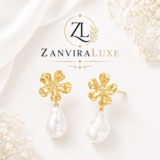 Luxury floral pearl drop earrings in gold plated stainless steel by ZenviraLuxe
