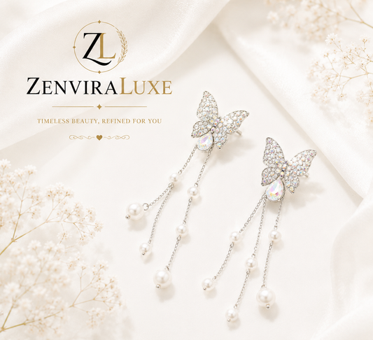 Butterfly Pearl Tassel Drop Earrings by ZenviraLuxe
