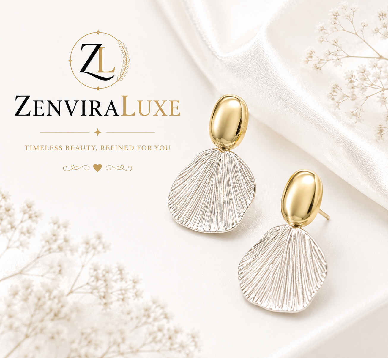 Luxury textured shell drop earrings in gold plated stainless steel by ZenviraLuxe