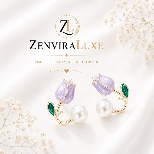 Lavender tulip pearl earrings in gold plated stainless steel by ZenviraLuxe