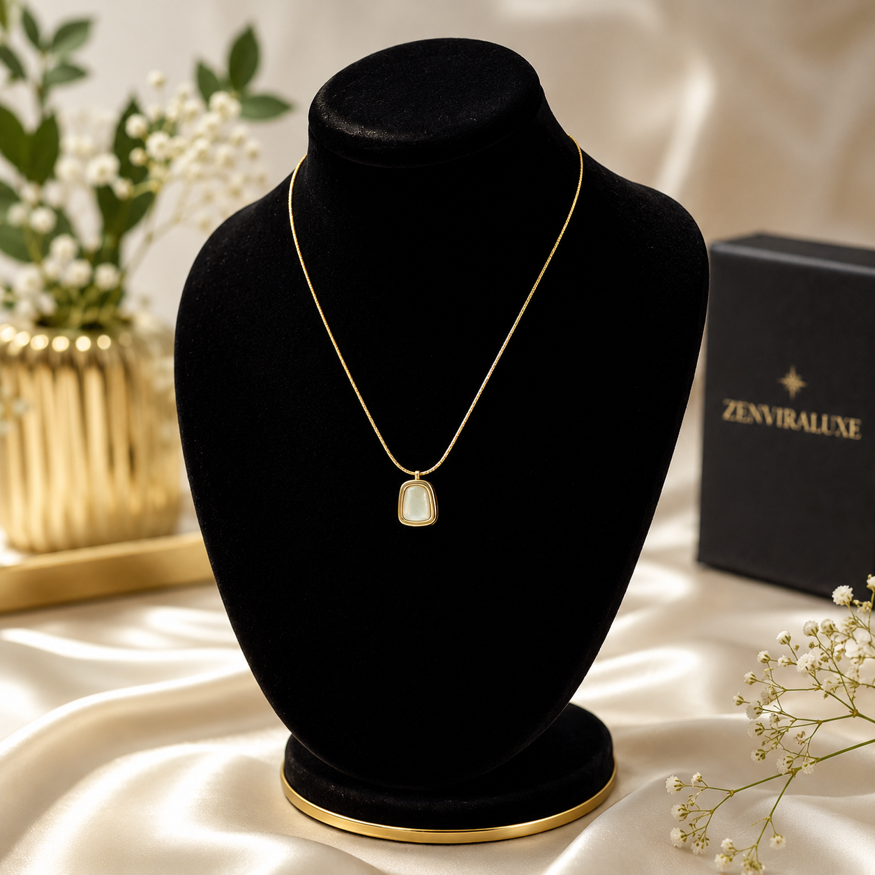 Elegant gold-tone necklace with a pearl-inspired pendant displayed on a black velvet jewelry stand with luxury floral decor and ZenviraLuxe packaging.