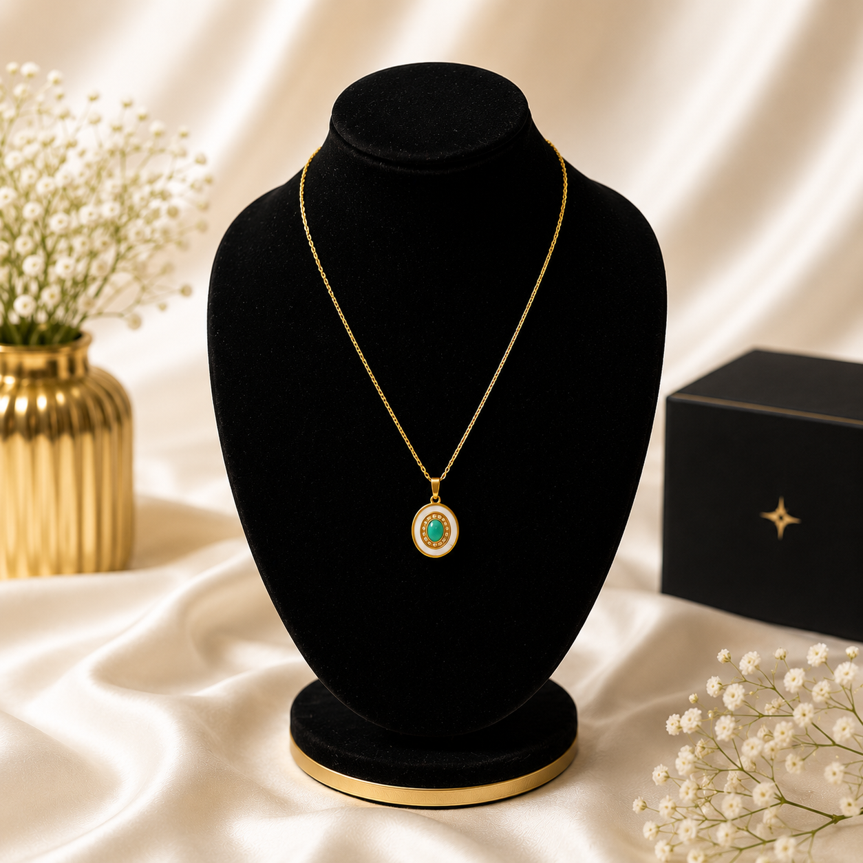 Elegant gold-tone necklace with an emerald-inspired oval pendant displayed on a black velvet jewelry stand with luxury floral decor and ZenviraLuxe packaging.