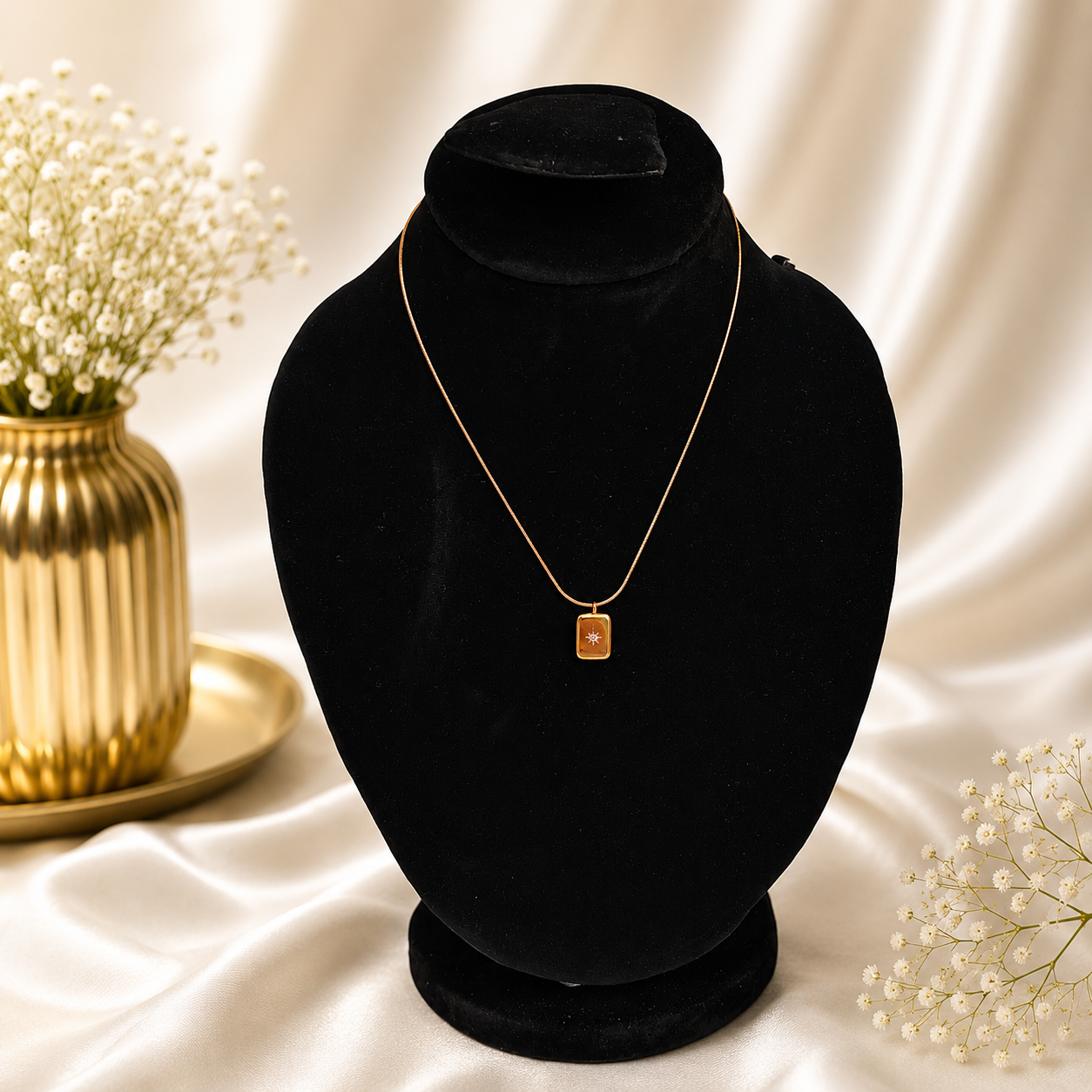 Minimalist gold-tone necklace with a rectangular celestial star pendant displayed on a black velvet jewelry stand with luxury floral decor.
