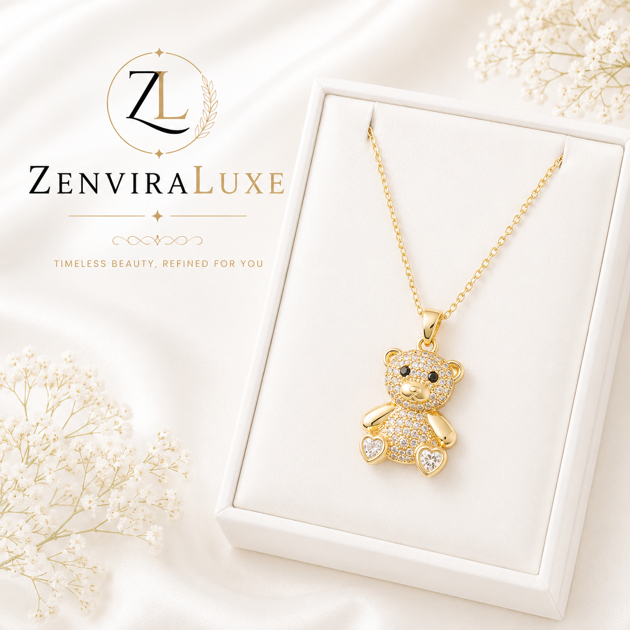 Gold teddy bear pendant stainless steel necklace by ZenviraLuxe