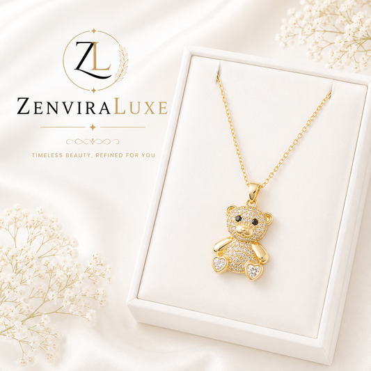 Gold teddy bear pendant stainless steel necklace by ZenviraLuxe
