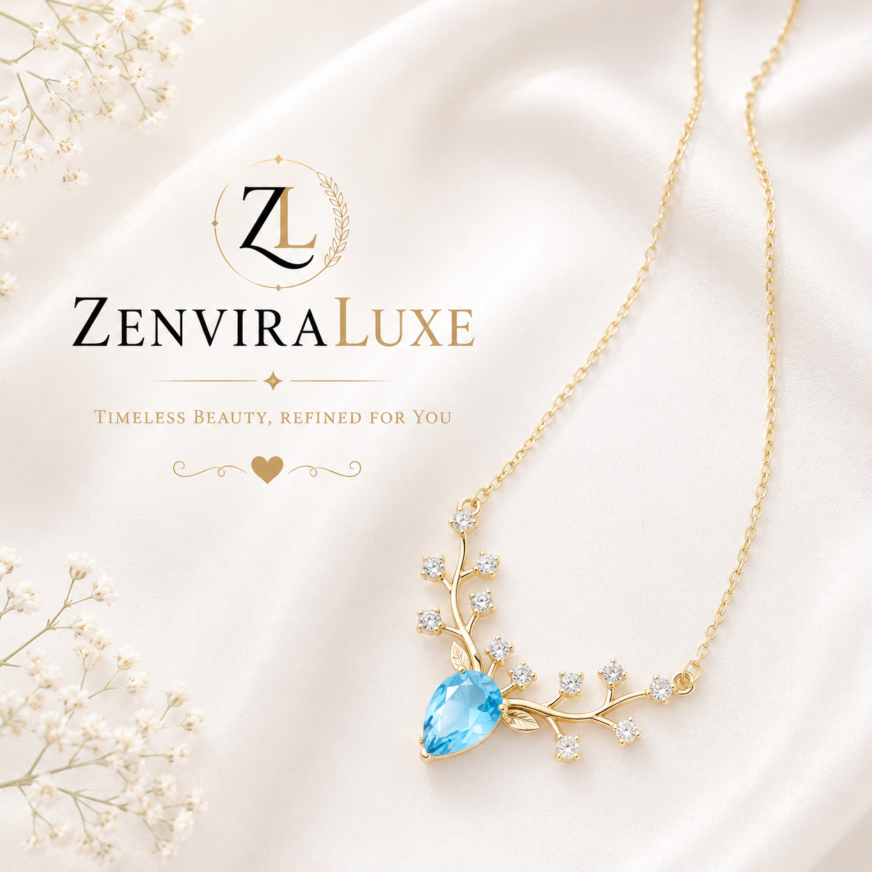 Blue Crystal Branch Pendant Necklace by ZenviraLuxe