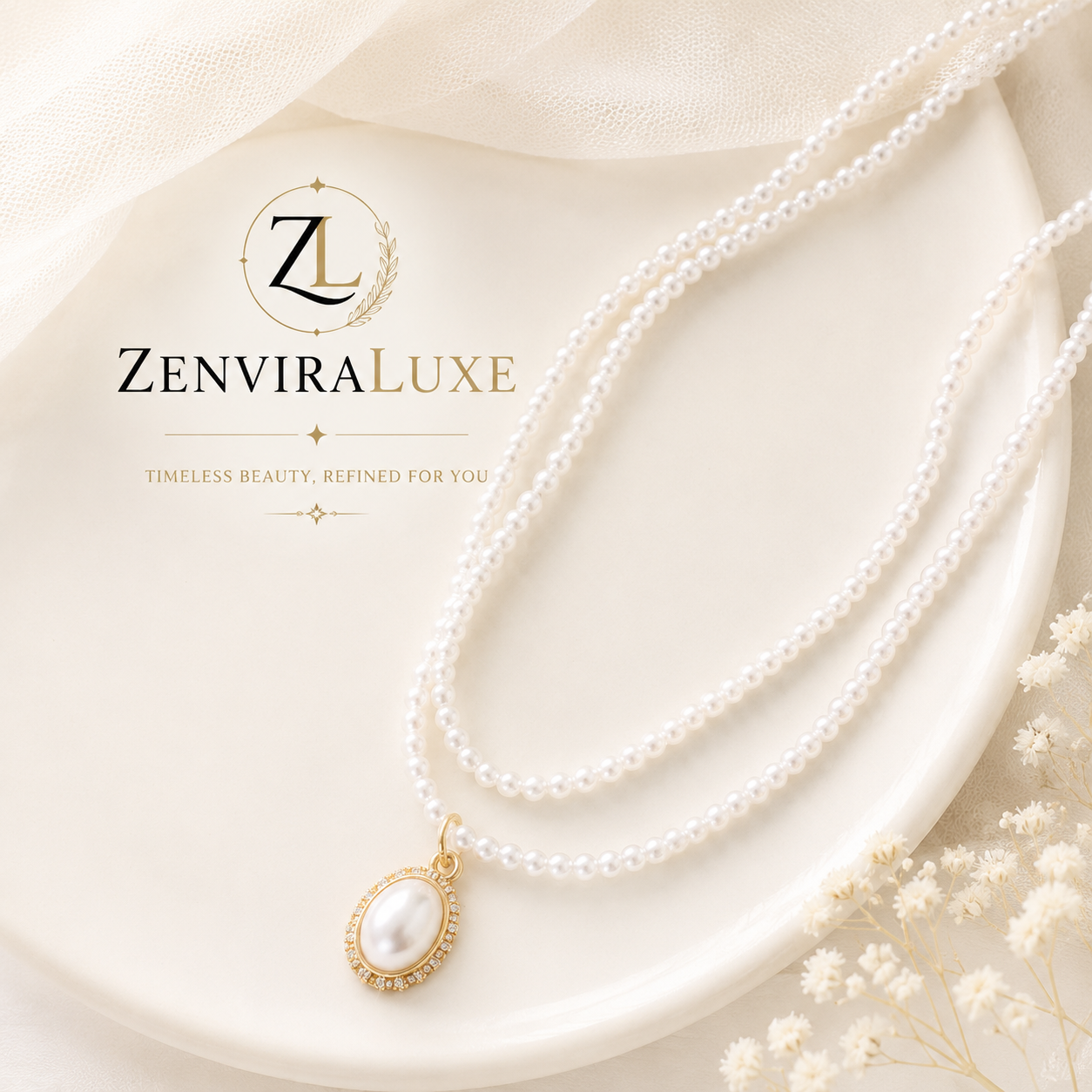 Elegant pearl pendant necklace with gold accents by ZenviraLuxe