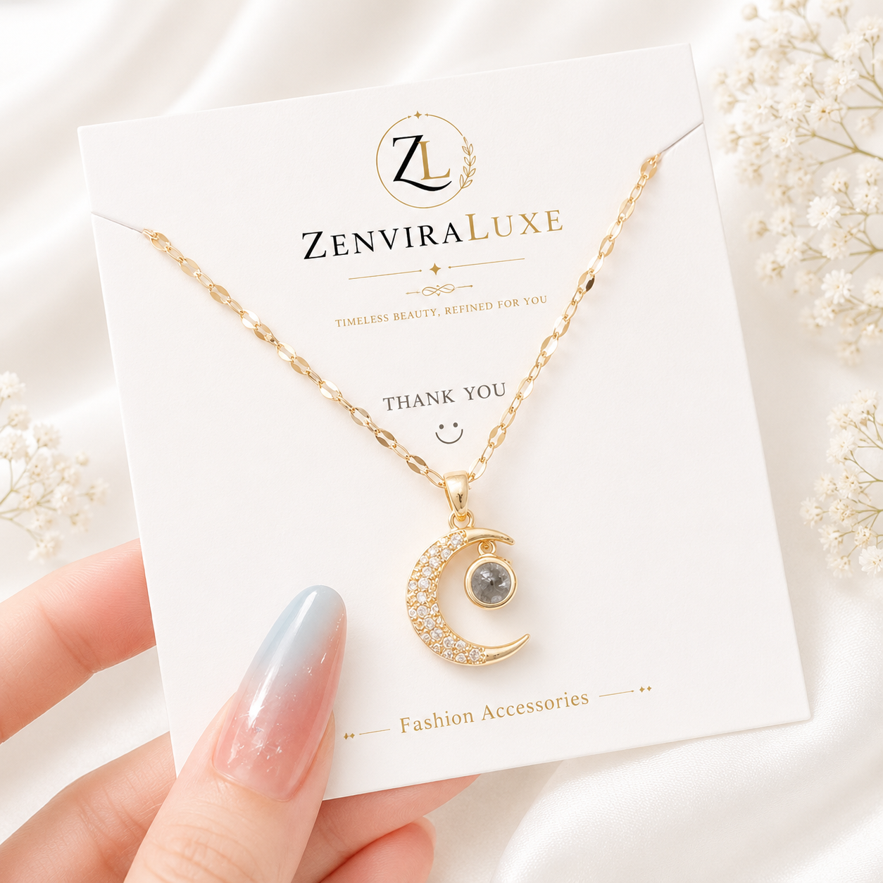 Gold celestial moon pendant stainless steel necklace by ZenviraLuxe
