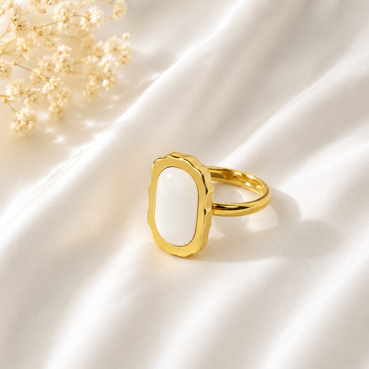 Pearl glow statement ring with gold-plated finish and elegant modern design by ZenviraLuxe.