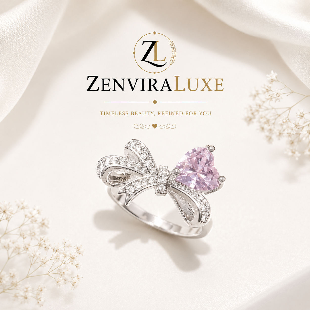 Luxury pink heart bow ring in silver stainless steel by ZenviraLuxe