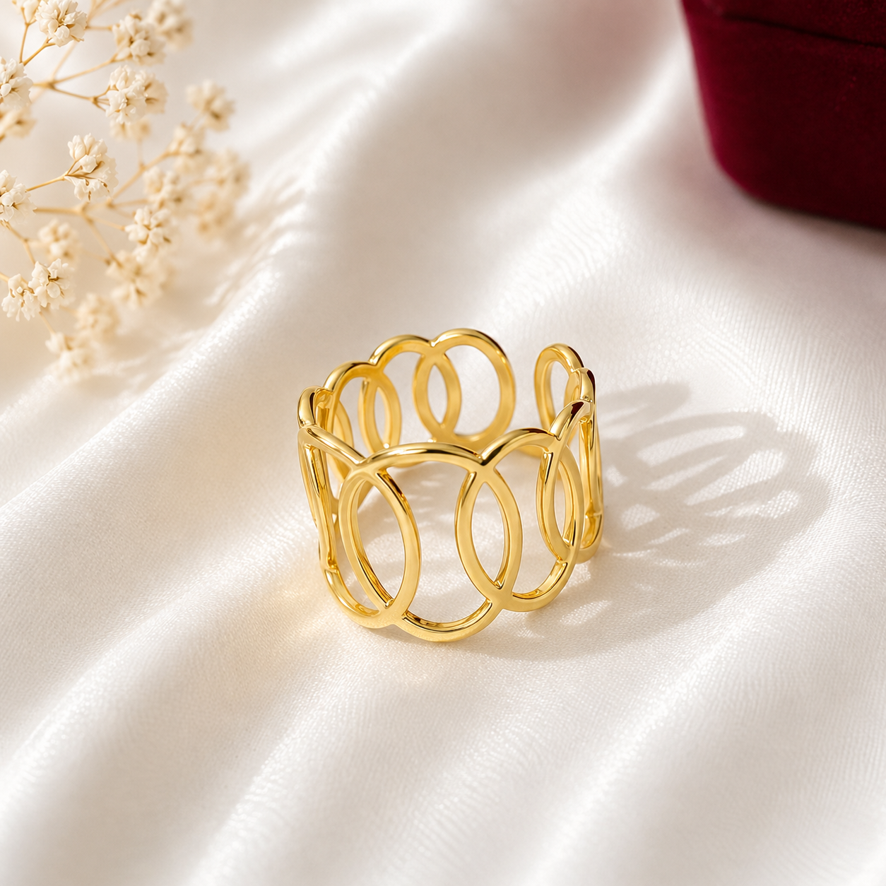 Aurora openwork gold ring with modern statement design and elegant gold finish by ZenviraLuxe.