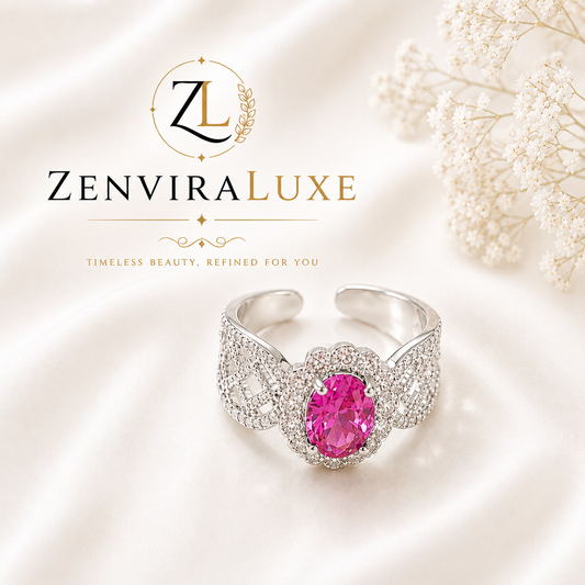 Luxury Pink Sapphire Halo Ring – Silver Finish