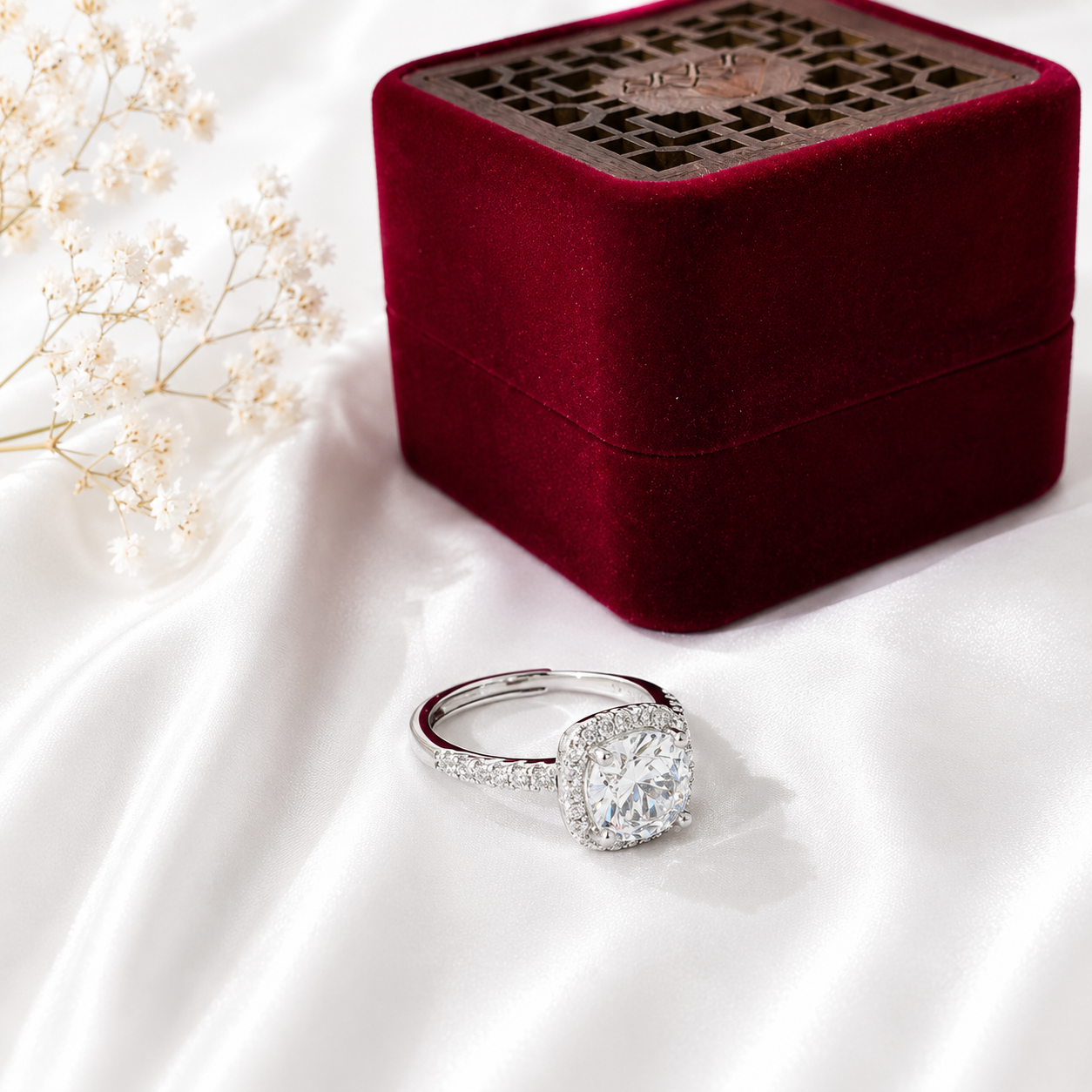 Luxury silver halo ring with a large cushion-cut crystal centerpiece displayed on soft white satin beside a velvet jewelry box