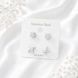Silver stainless steel ear stud set with sparkling crystal studs and stylish initial letter earrings.