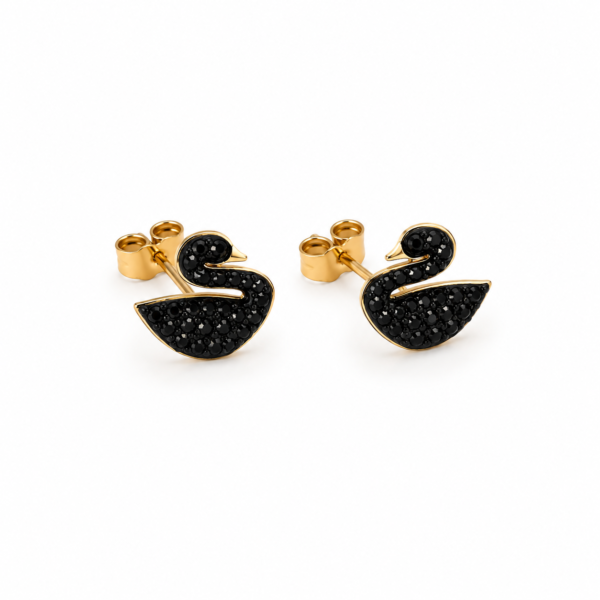 Gold-tone stainless steel black swan ear studs with sparkling black crystal accents.