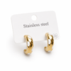Gold-tone stainless steel hoop earrings with white enamel accents displayed on a jewelry card.